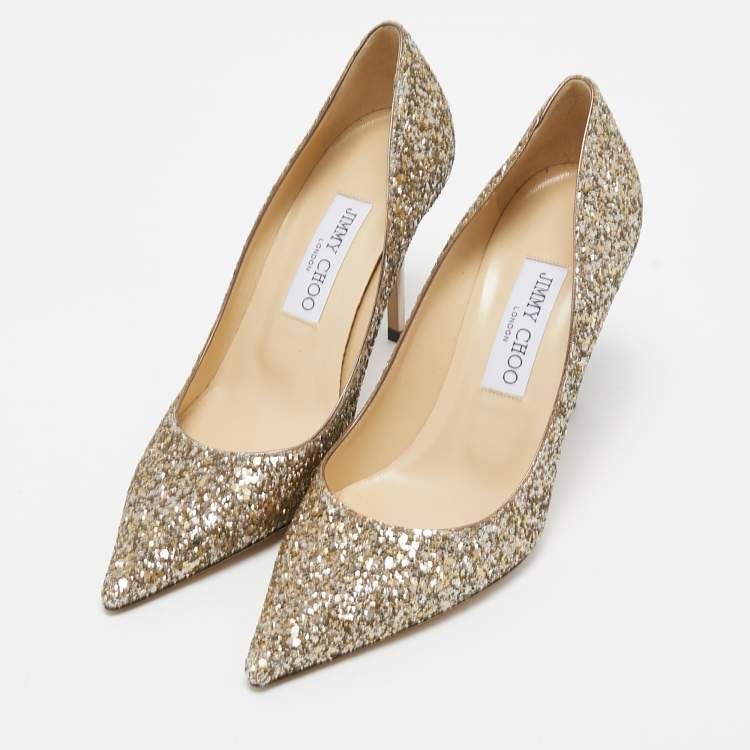 Pre Owned Jimmy Choo Gold Coarse Glitter Romy Pointed Toe Pumps Size 37