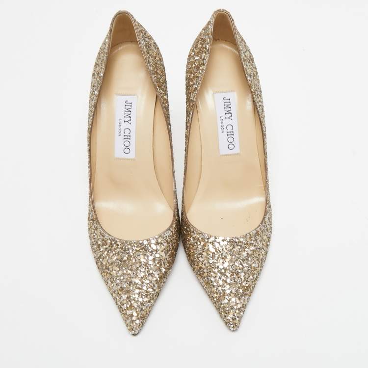 Pre Owned Jimmy Choo Gold Coarse Glitter Romy Pointed Toe Pumps Size 37