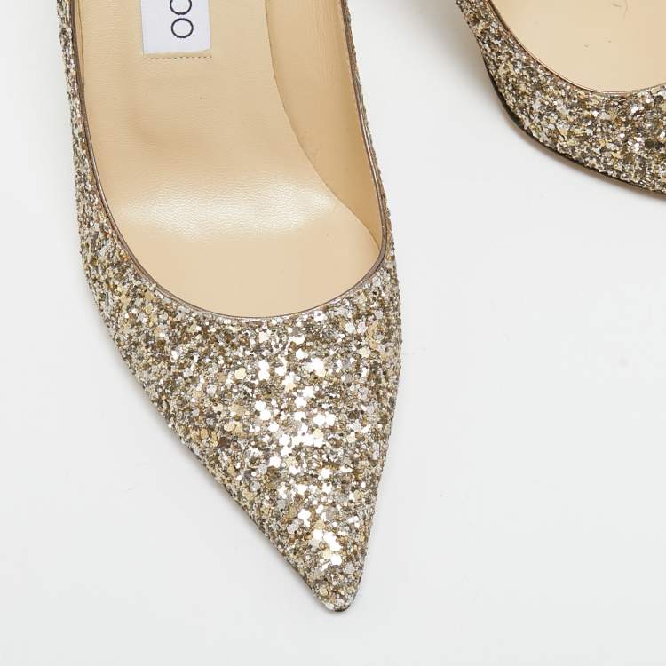 Pre Owned Jimmy Choo Gold Coarse Glitter Romy Pointed Toe Pumps Size 37