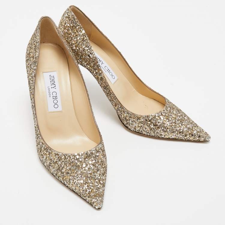 Pre Owned Jimmy Choo Gold Coarse Glitter Romy Pointed Toe Pumps Size 37