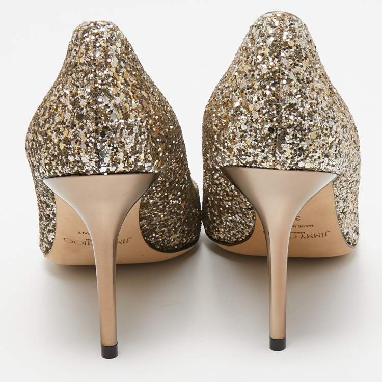 Pre Owned Jimmy Choo Gold Coarse Glitter Romy Pointed Toe Pumps Size 37