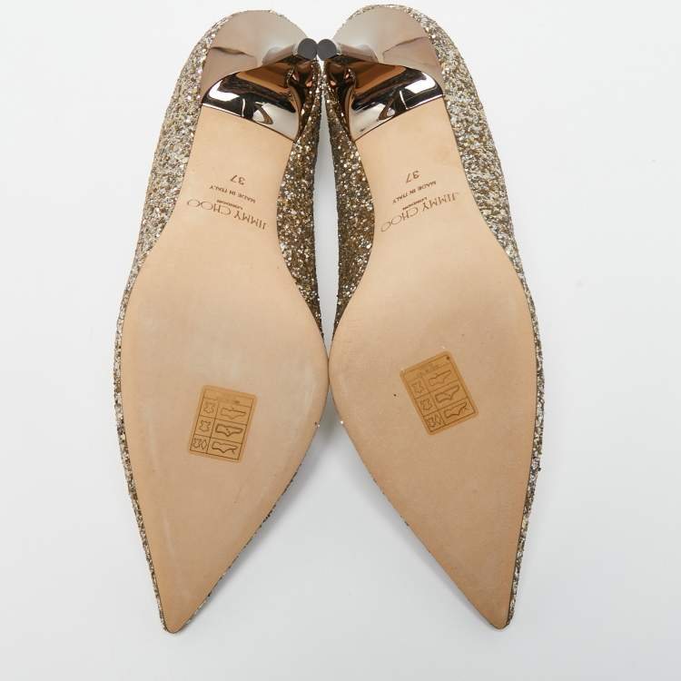 Pre Owned Jimmy Choo Gold Coarse Glitter Romy Pointed Toe Pumps Size 37