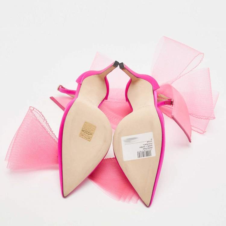 Pre Owned Jimmy Choo Pink Satin Averly Bow Pointed Toe Ankle Strap Pumps Size 37.5