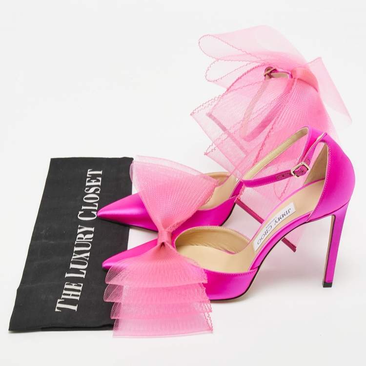 Pre Owned Jimmy Choo Pink Satin Averly Bow Pointed Toe Ankle Strap Pumps Size 37.5