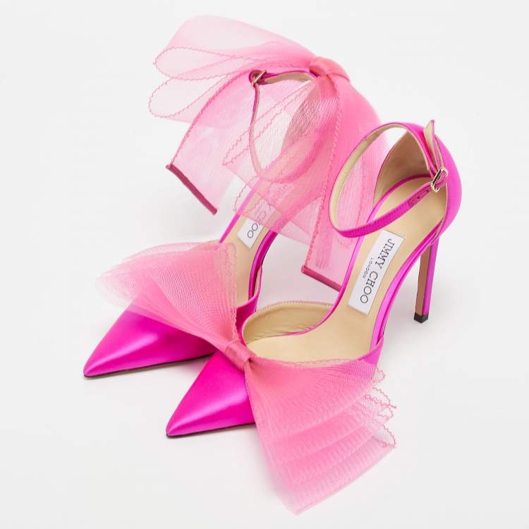 Pre Owned Jimmy Choo Pink Satin Averly Bow Pointed Toe Ankle Strap Pumps Size 37.5