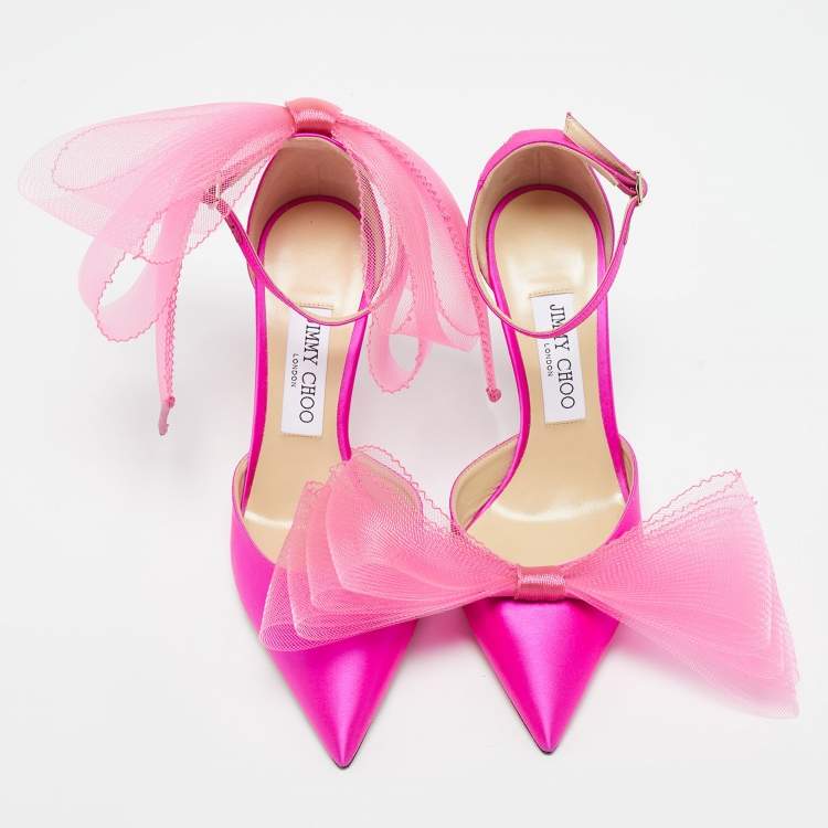 Pre Owned Jimmy Choo Pink Satin Averly Bow Pointed Toe Ankle Strap Pumps Size 37.5