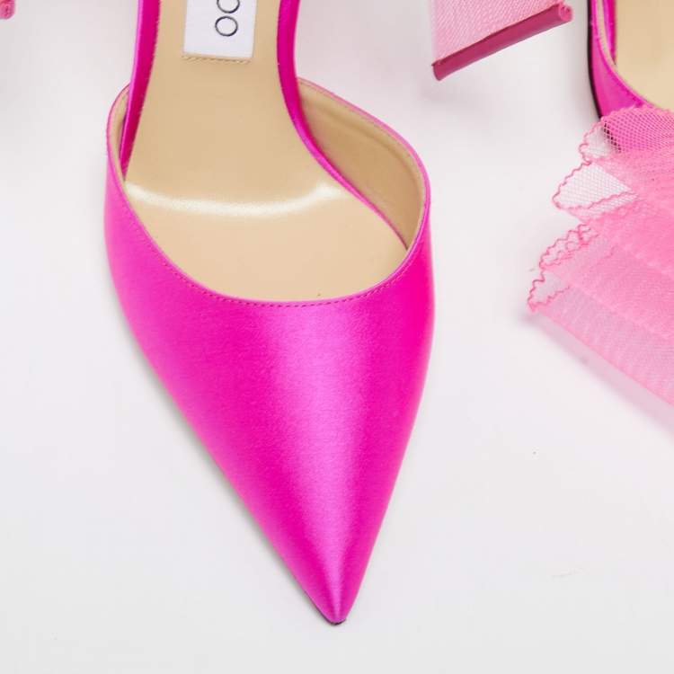 Pre Owned Jimmy Choo Pink Satin Averly Bow Pointed Toe Ankle Strap Pumps Size 37.5