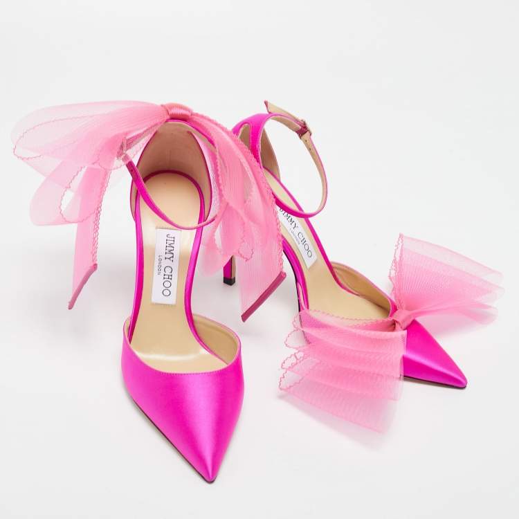 Pre Owned Jimmy Choo Pink Satin Averly Bow Pointed Toe Ankle Strap Pumps Size 37.5