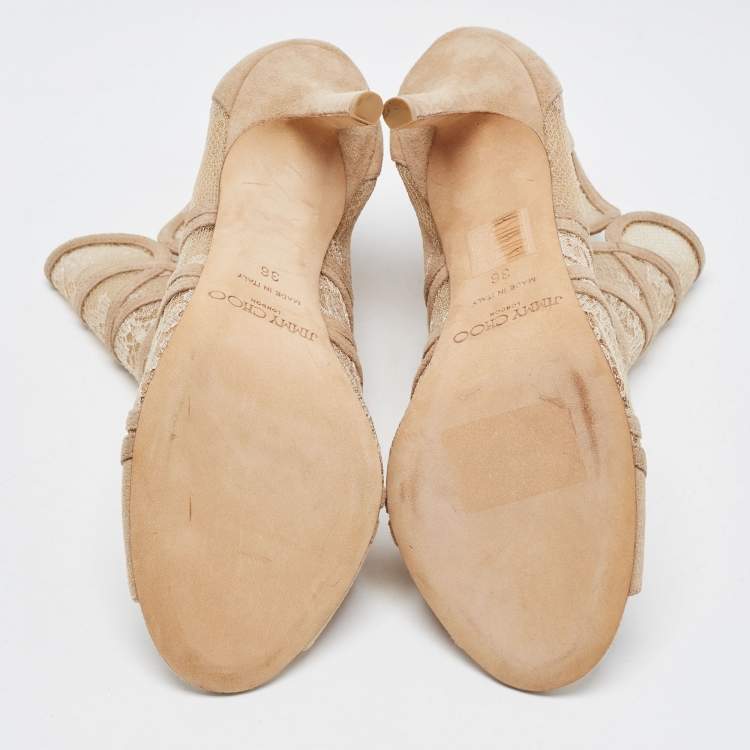 Pre Owned Jimmy Choo Beige Lace And Suede Open Toe Ankle Boots Size 36