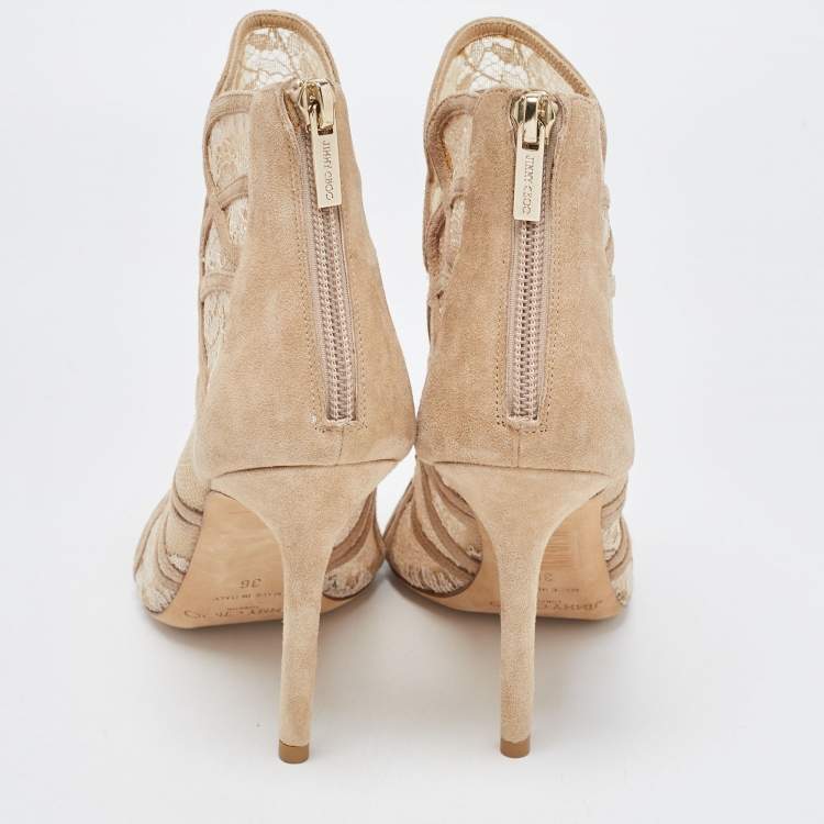 Pre Owned Jimmy Choo Beige Lace And Suede Open Toe Ankle Boots Size 36