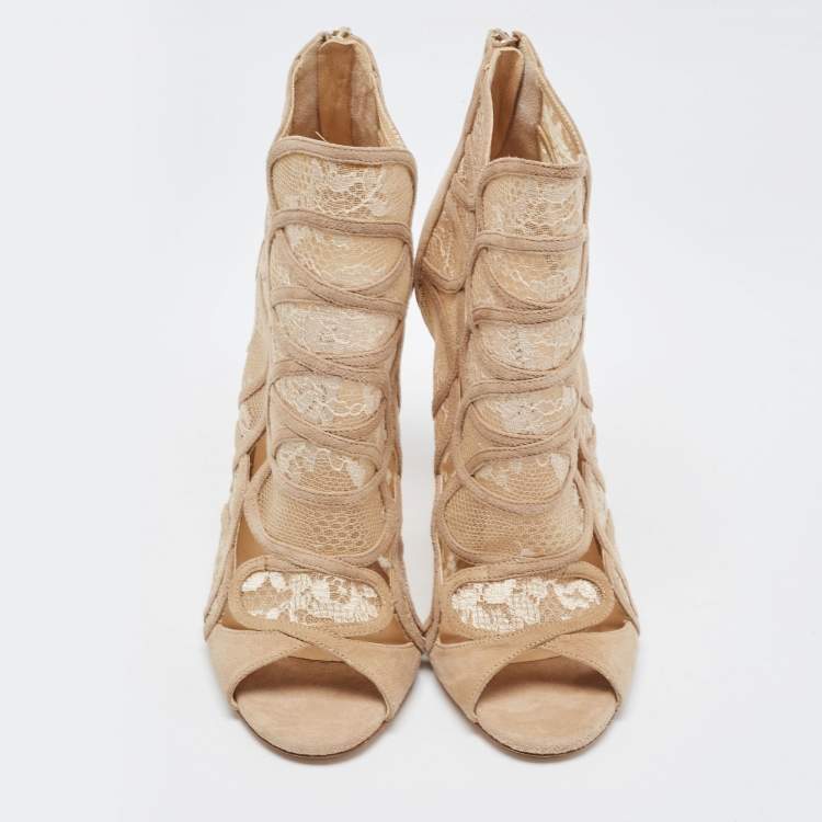 Pre Owned Jimmy Choo Beige Lace And Suede Open Toe Ankle Boots Size 36