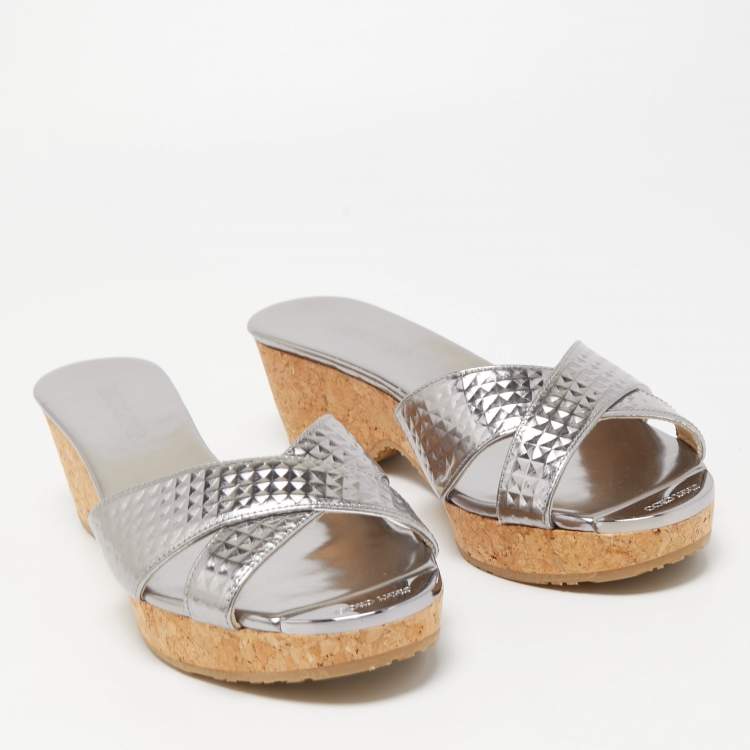 Pre Owned Jimmy Choo Silver Leather Prima Wedge Sandals Size 40