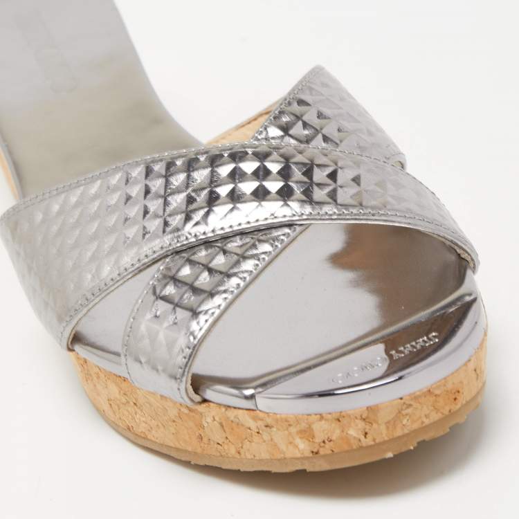 Pre Owned Jimmy Choo Silver Leather Prima Wedge Sandals Size 40