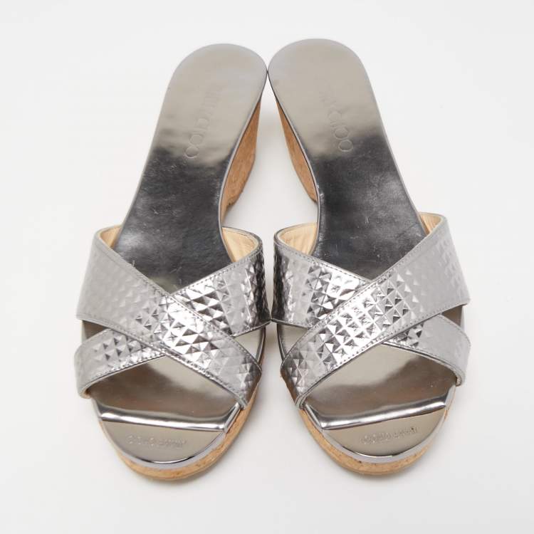 Pre Owned Jimmy Choo Silver Leather Prima Wedge Sandals Size 40