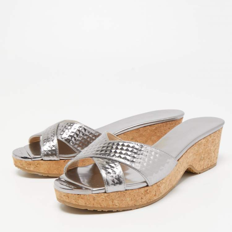 Pre Owned Jimmy Choo Silver Leather Prima Wedge Sandals Size 40