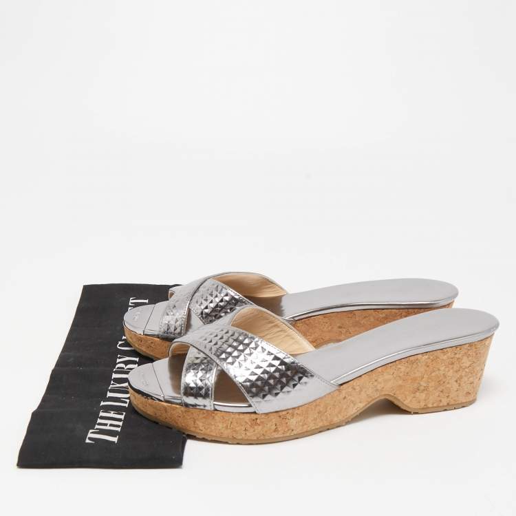 Pre Owned Jimmy Choo Silver Leather Prima Wedge Sandals Size 40