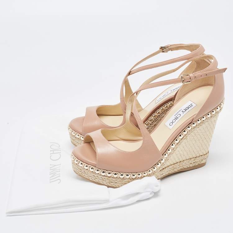 Pre Owned Jimmy Choo Beige Leather Studded Wedge Espadrille Ankle Strap Sandals Size 40