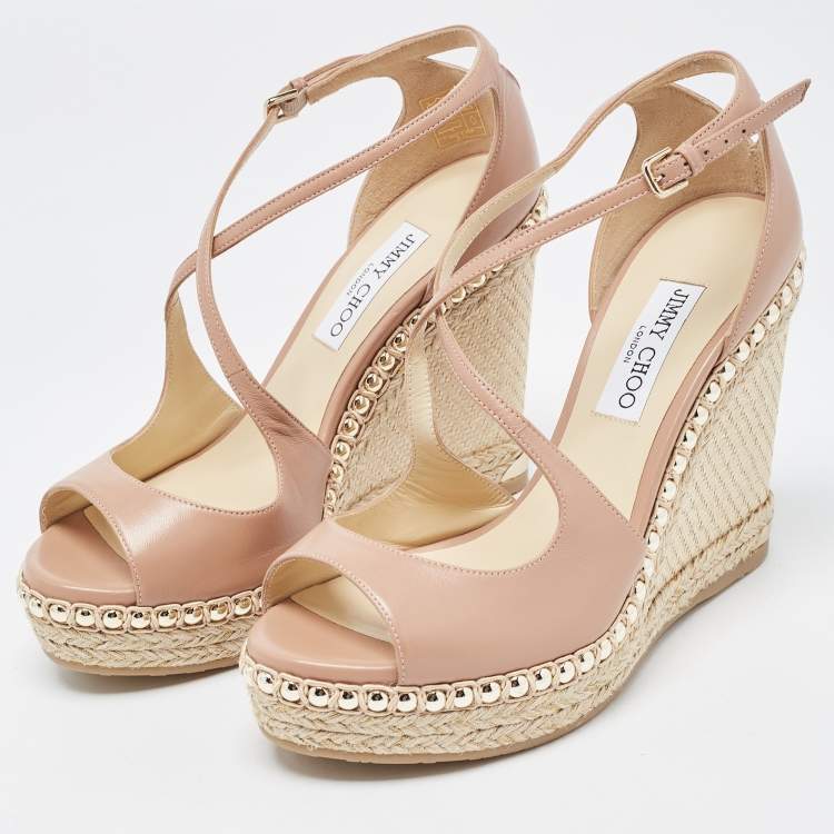 Pre Owned Jimmy Choo Beige Leather Studded Wedge Espadrille Ankle Strap Sandals Size 40