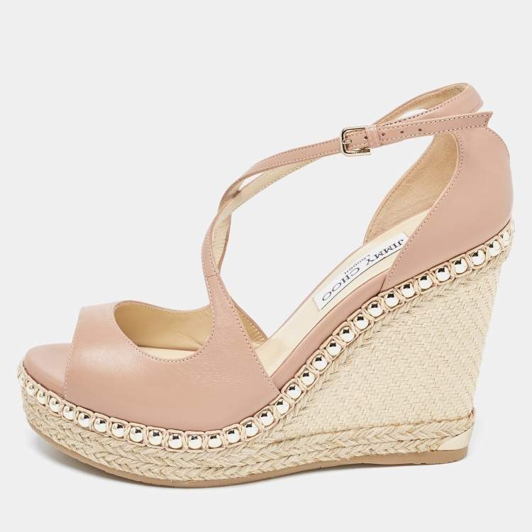 Pre Owned Jimmy Choo Beige Leather Studded Wedge Espadrille Ankle Strap Sandals Size 40