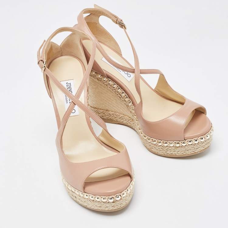 Pre Owned Jimmy Choo Beige Leather Studded Wedge Espadrille Ankle Strap Sandals Size 40