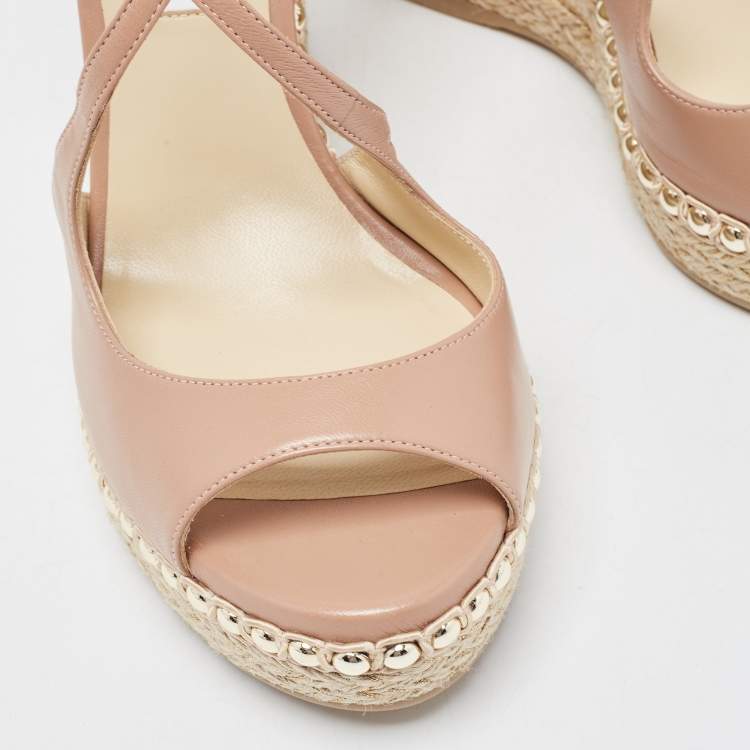 Pre Owned Jimmy Choo Beige Leather Studded Wedge Espadrille Ankle Strap Sandals Size 40