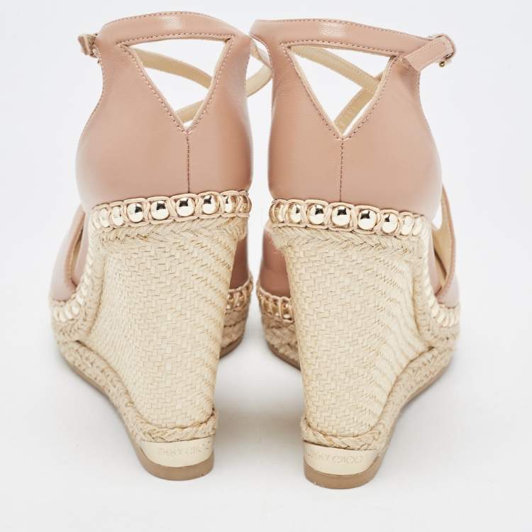 Pre Owned Jimmy Choo Beige Leather Studded Wedge Espadrille Ankle Strap Sandals Size 40