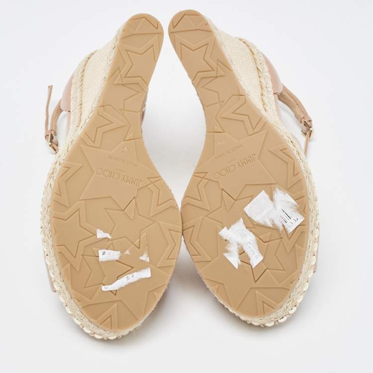 Pre Owned Jimmy Choo Beige Leather Studded Wedge Espadrille Ankle Strap Sandals Size 40