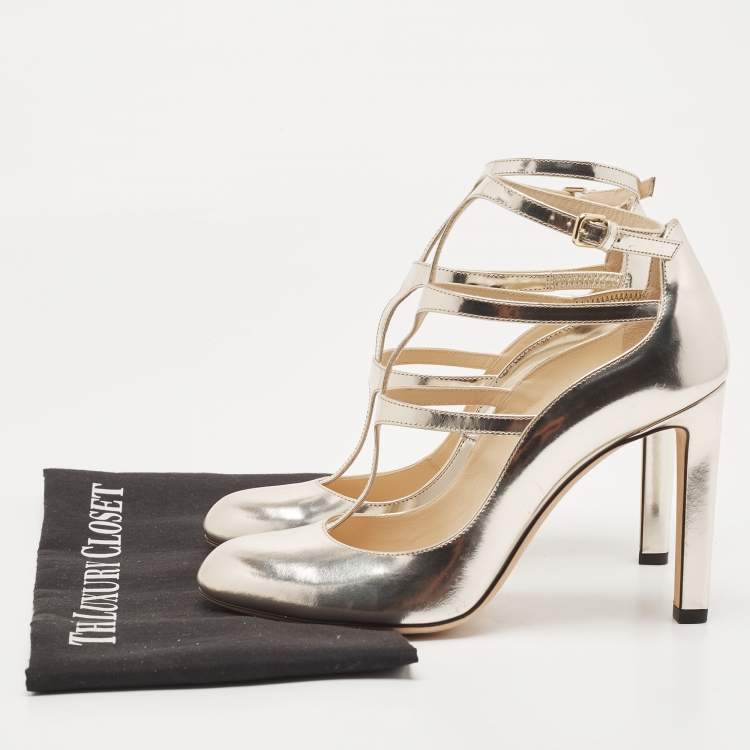 مملوكة مسبقًا Jimmy Choo Gold Leather Doll Caged Pumps Size 38