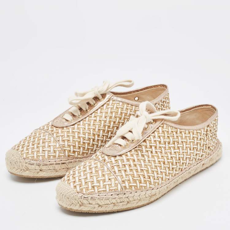 Pre Owned Jimmy Choo Two Tone Raffia and Glitter Low Top Sneakers Size 38