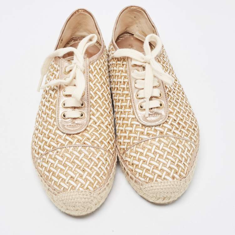 Pre Owned Jimmy Choo Two Tone Raffia and Glitter Low Top Sneakers Size 38