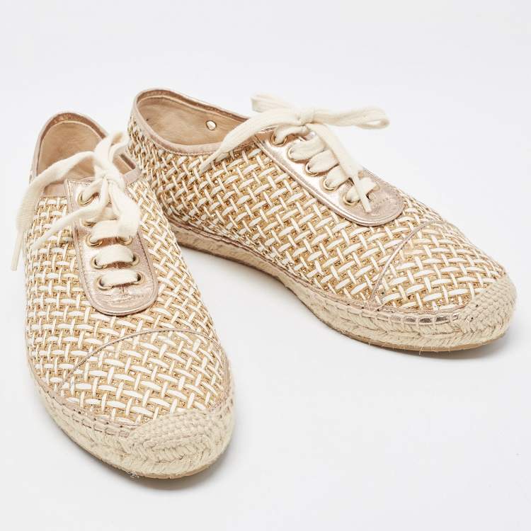 Pre Owned Jimmy Choo Two Tone Raffia and Glitter Low Top Sneakers Size 38