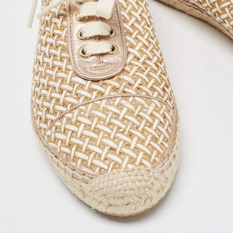 Pre Owned Jimmy Choo Two Tone Raffia and Glitter Low Top Sneakers Size 38