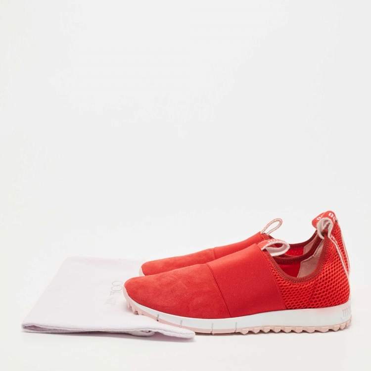 Pre Owned Jimmy Choo Red Suede and Mesh Oakland Sneakers Size 38.5