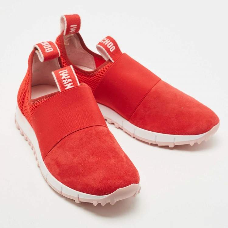 Pre Owned Jimmy Choo Red Suede and Mesh Oakland Sneakers Size 38.5