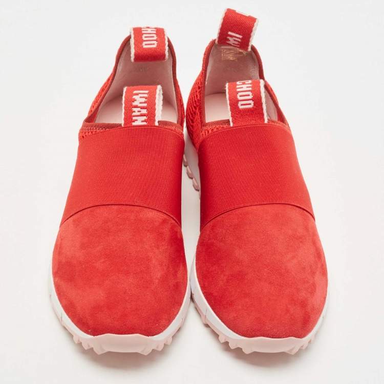 Pre Owned Jimmy Choo Red Suede and Mesh Oakland Sneakers Size 38.5