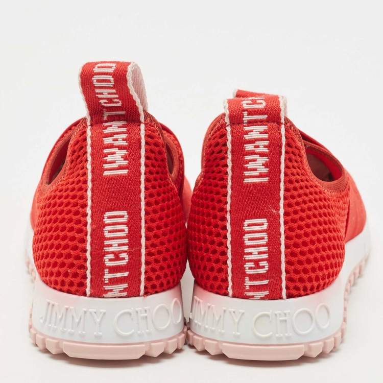 Pre Owned Jimmy Choo Red Suede and Mesh Oakland Sneakers Size 38.5