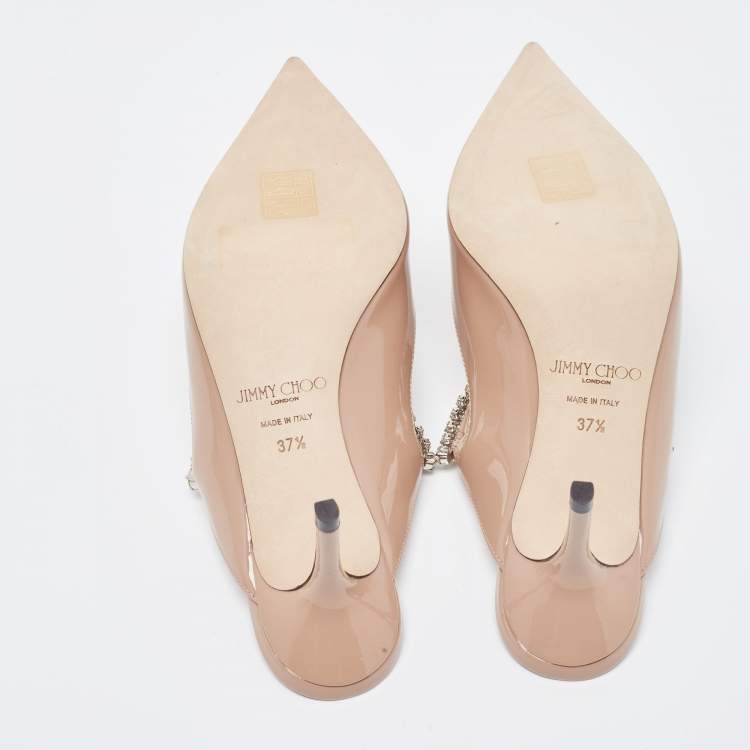 Pre Owned Jimmy Choo Beige Patent Leather Bing Crystal Embellished Pointed Toe Mules Size 37.5