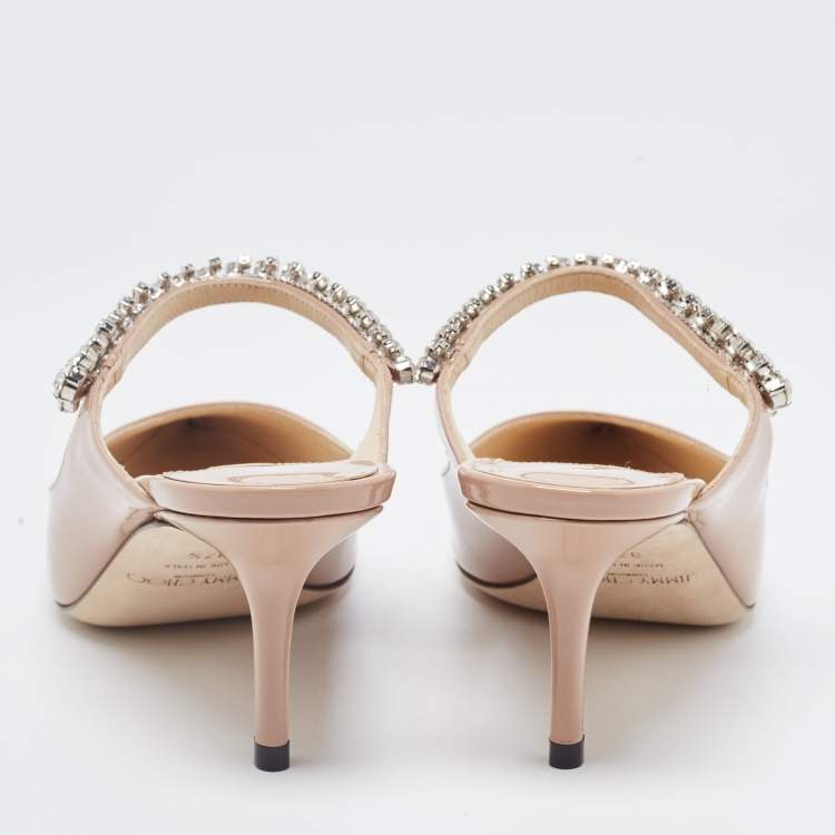 Pre Owned Jimmy Choo Beige Patent Leather Bing Crystal Embellished Pointed Toe Mules Size 37.5