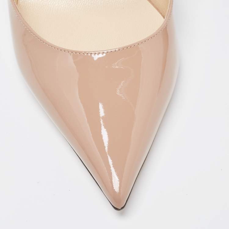 Pre Owned Jimmy Choo Beige Patent Leather Bing Crystal Embellished Pointed Toe Mules Size 37.5