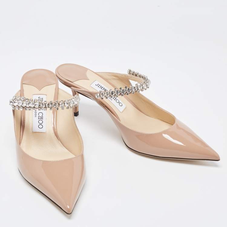 Pre Owned Jimmy Choo Beige Patent Leather Bing Crystal Embellished Pointed Toe Mules Size 37.5
