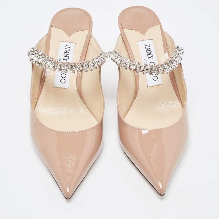 Pre Owned Jimmy Choo Beige Patent Leather Bing Crystal Embellished Pointed Toe Mules Size 37.5