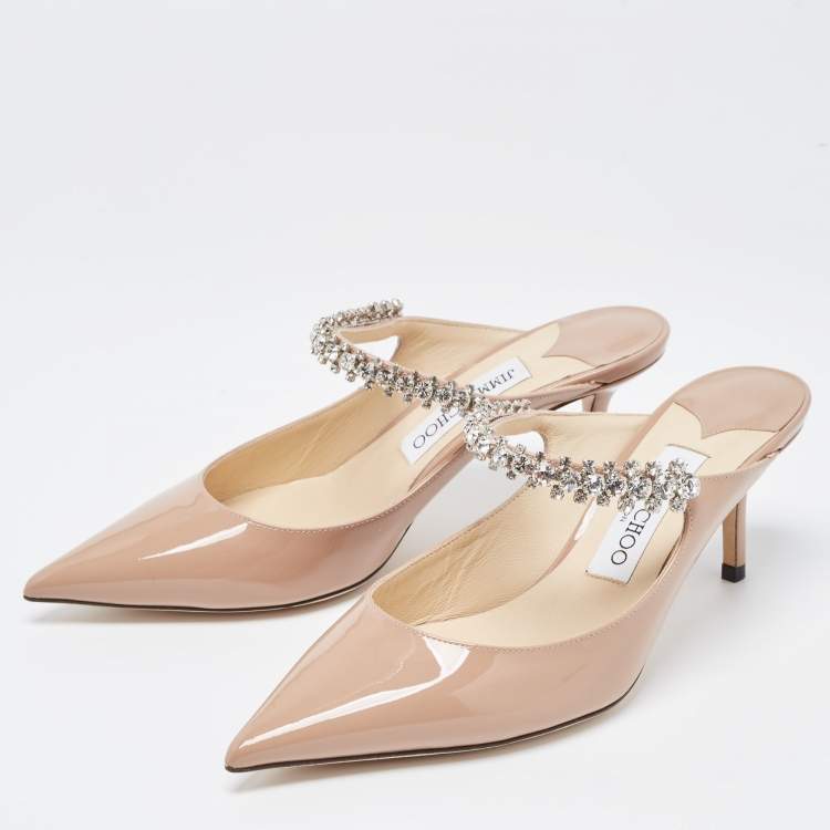 Pre Owned Jimmy Choo Beige Patent Leather Bing Crystal Embellished Pointed Toe Mules Size 37.5
