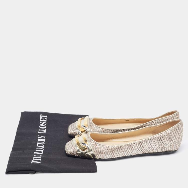 Pre Owned Jimmy Choo Metallic Leather and Glitter Ballet Flats Size 38.5