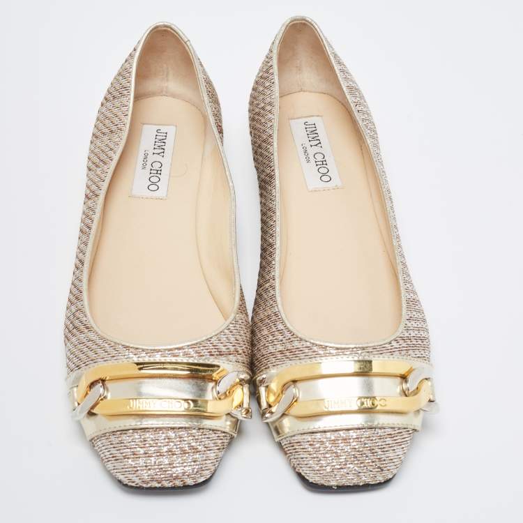 Pre Owned Jimmy Choo Metallic Leather and Glitter Ballet Flats Size 38.5