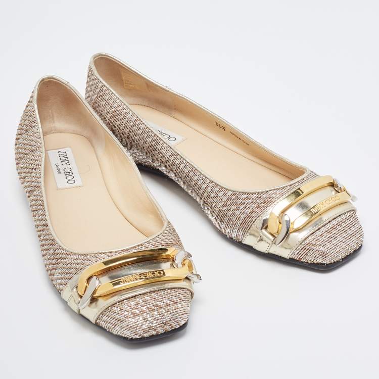 Pre Owned Jimmy Choo Metallic Leather and Glitter Ballet Flats Size 38.5