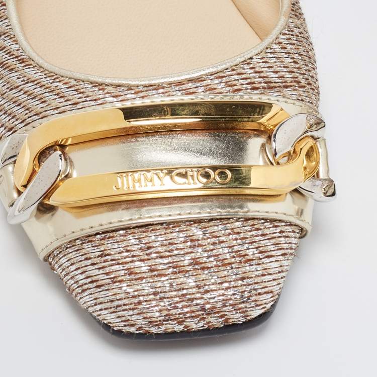 Pre Owned Jimmy Choo Metallic Leather and Glitter Ballet Flats Size 38.5