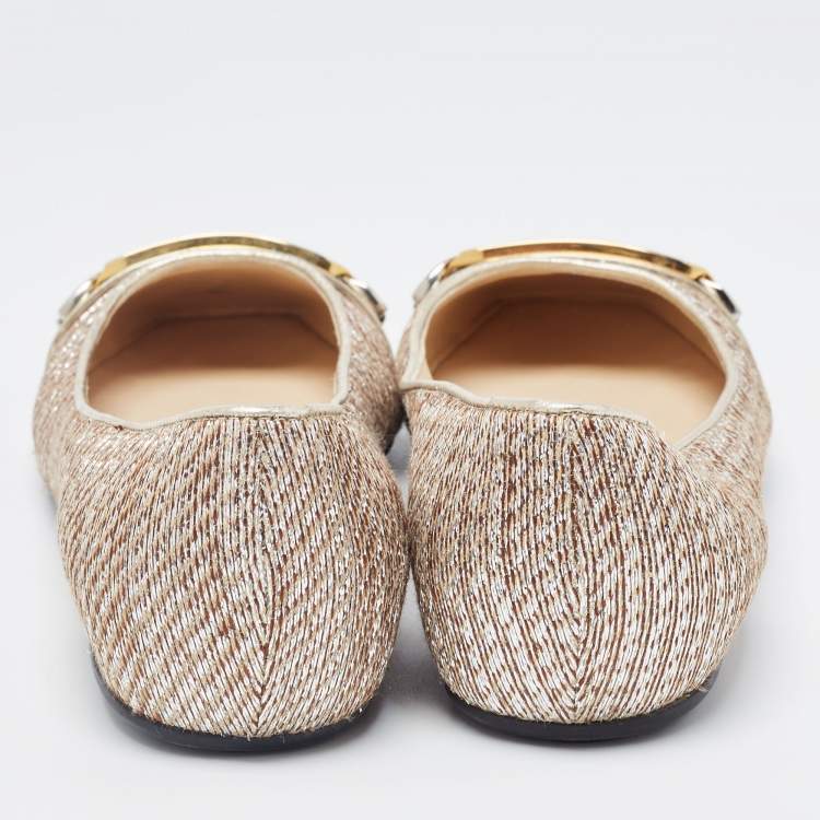 Pre Owned Jimmy Choo Metallic Leather and Glitter Ballet Flats Size 38.5