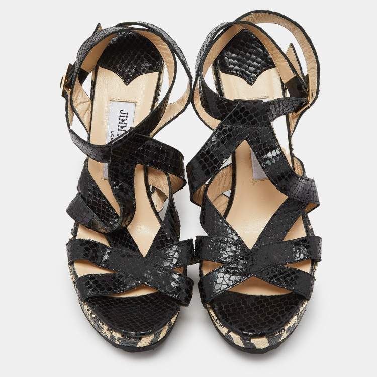 Pre Owned Jimmy Choo Black Snakeskin Platform Wedge Sandals Size 38