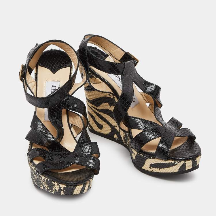 Pre Owned Jimmy Choo Black Snakeskin Platform Wedge Sandals Size 38