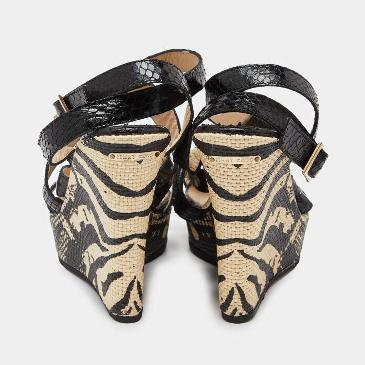 Pre Owned Jimmy Choo Black Snakeskin Platform Wedge Sandals Size 38